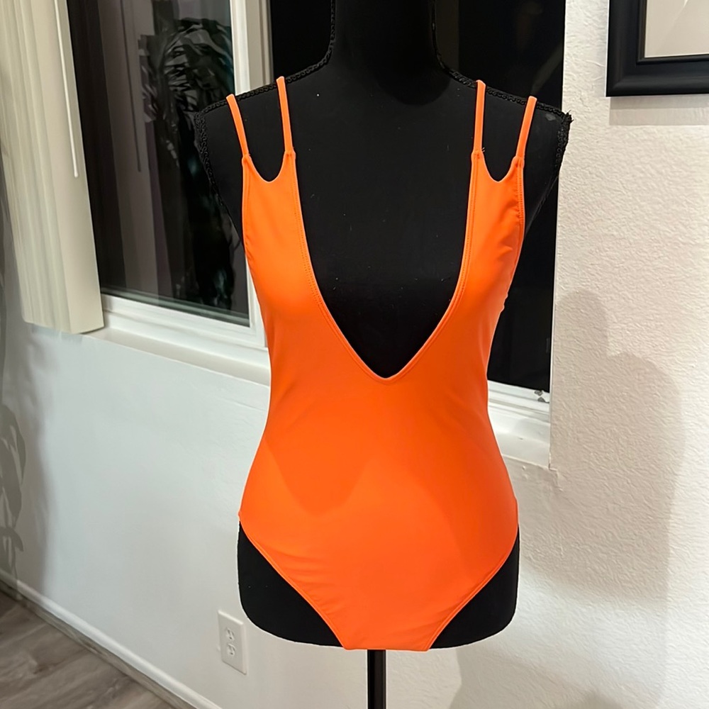 Orange plunge one piece swimsuit